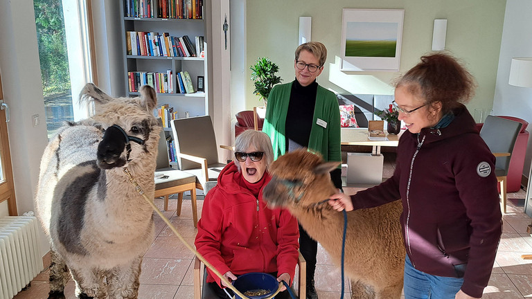 Diakonie Hospiz Wannsee - Nachricht - Lama Fontano, Gästin Lieselotte Strempel, Pflegedienstleiterin Doreen Kossack, Alpaka Mandu und Olga Weinert vom Lama Zentrum (v.l.) im Wohnzimmer des Diakonie Hospiz Wannsee Diakonie Hospiz Wannsee - Nachricht - Lama Fontano, Gästin Lieselotte Strempel, Pflegedienstleiterin Doreen Kossack, Alpaka Mandu und Olga Weinert vom Lama Zentrum (v.l.) im Wohnzimmer des Diakonie Hospiz Wannsee
