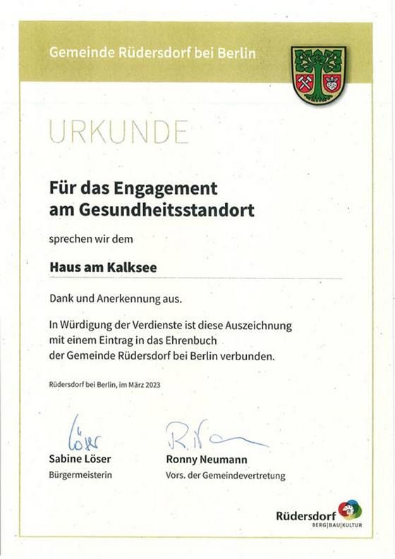 Immanuel Haus am Kalksee - Nachricht - Eintrag ins Goldene Buch der Gemeinde Rüdersdorf - Ausschnitt aus der Urkunde für das Immanuel Haus am Kalksee Immanuel Haus am Kalksee - Nachricht - Eintrag ins Goldene Buch der Gemeinde Rüdersdorf - Ausschnitt aus der Urkunde für das Immanuel Haus am Kalksee