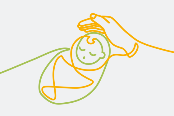 Grafische Darstellung eines Babys in einer Trageliege mit einer schützenden Hand, Kita Hamburg-Volksdorf, Albertinen Kindertagesstätte Volksdorf, Betreuen und Fördern Grafische Darstellung eines Babys in einer Trageliege mit einer schützenden Hand