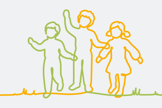 Illustration von drei stehenden und teilweise winkenden Kindern auf einer Wiese mit Gras und Blumen, Kita Hamburg-Volksdorf, Albertinen Kindertagesstätte Volksdorf, Betreuen und Fördern Illustration von drei stehenden und teilweise winkenden Kindern auf einer Wiese mit Gras und Blumen